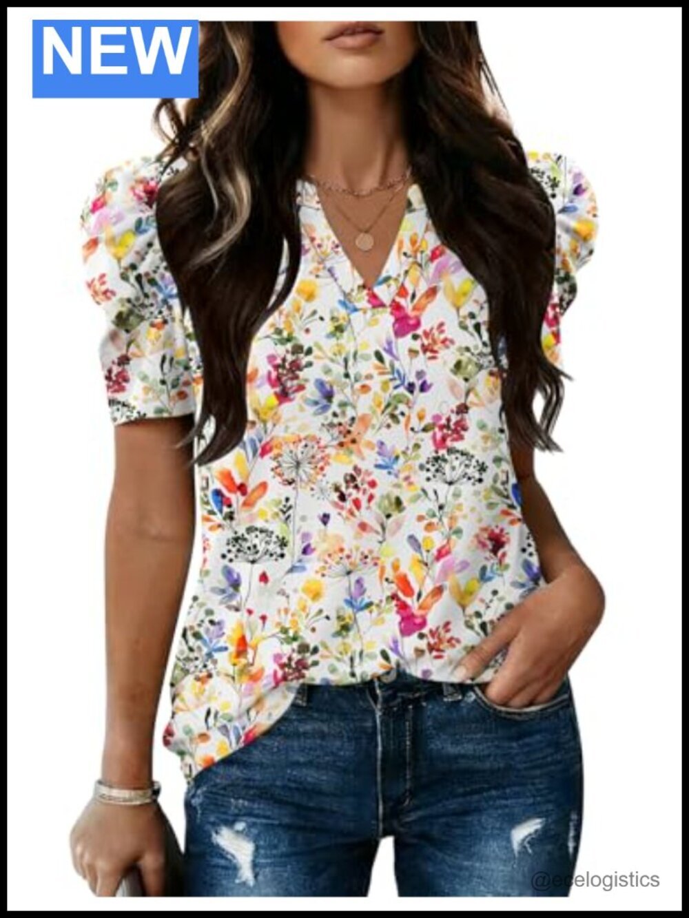 V Neck Puff Short Sleeve Blouse Polyester Blend Dressy Casual Work Top